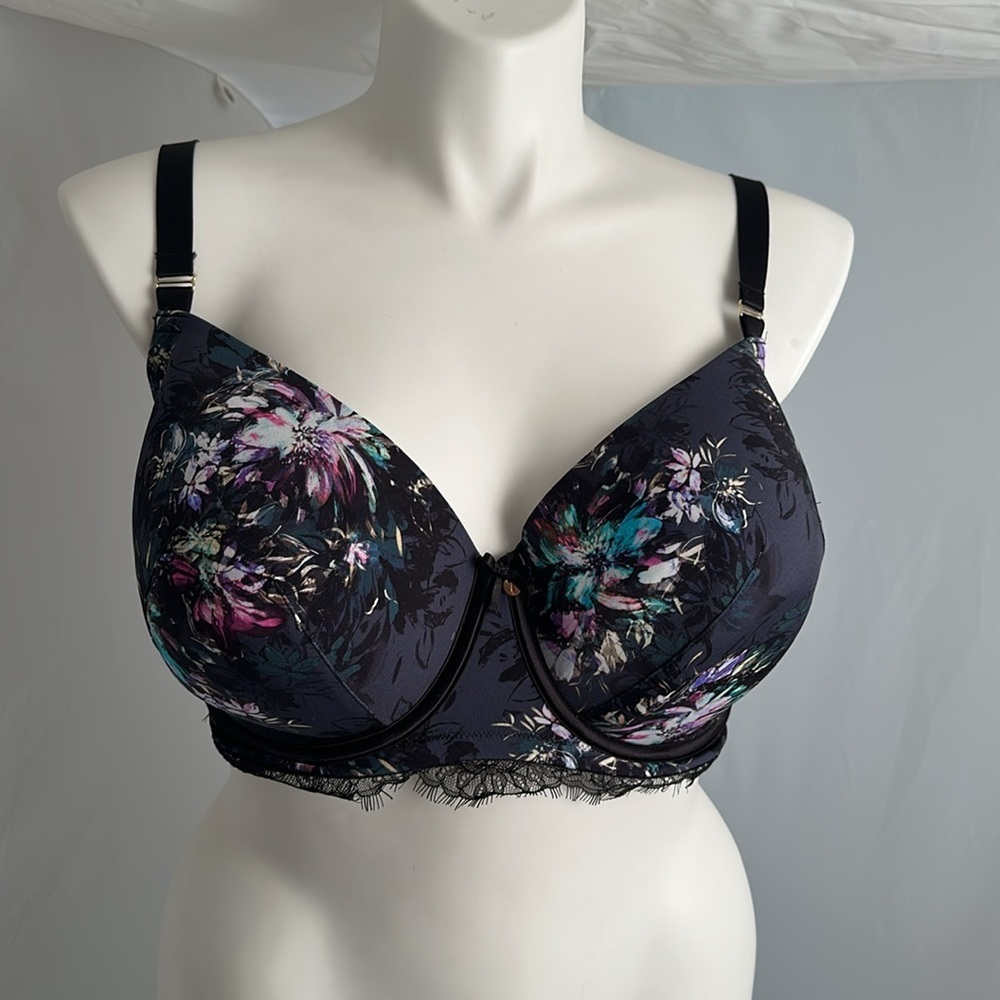 Cacique Balconette black multicolor floral lace trimmed underwire bra 42F